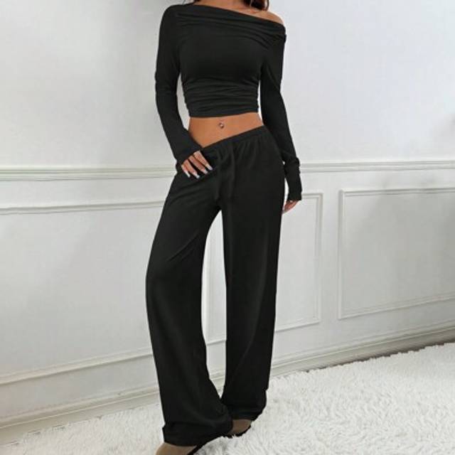 SHEIN Women Autumn Solid Color Asymmetric Neck Long Sleeve Pleated Blouse And Wide Leg Loose Pants Set
