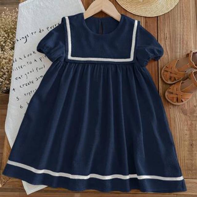 SHEIN Young Girl Solid Color Adorned Pocket Turn-Down Preppy Dress