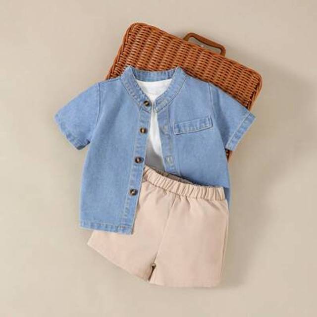 SHEIN 2pcs/Set Baby Boys Casual Denim Shirt And Sports Shorts Outfit For Outdoor Play