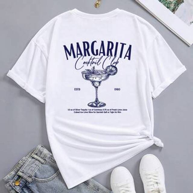 Flirla Plus Size Loose Fit Long T-Shirt With Beverage Slogan Print For Holiday And Casual Wear Women Graphic Tee Top For Summer