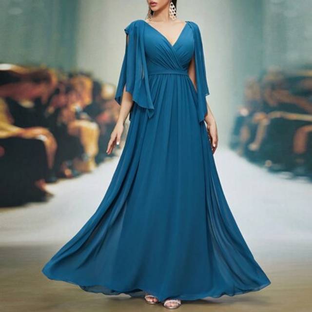 SHEIN V-Neck Pearl Chiffon Flared Short Sleeve High-End Evening Dress,Bridesmaid Dress