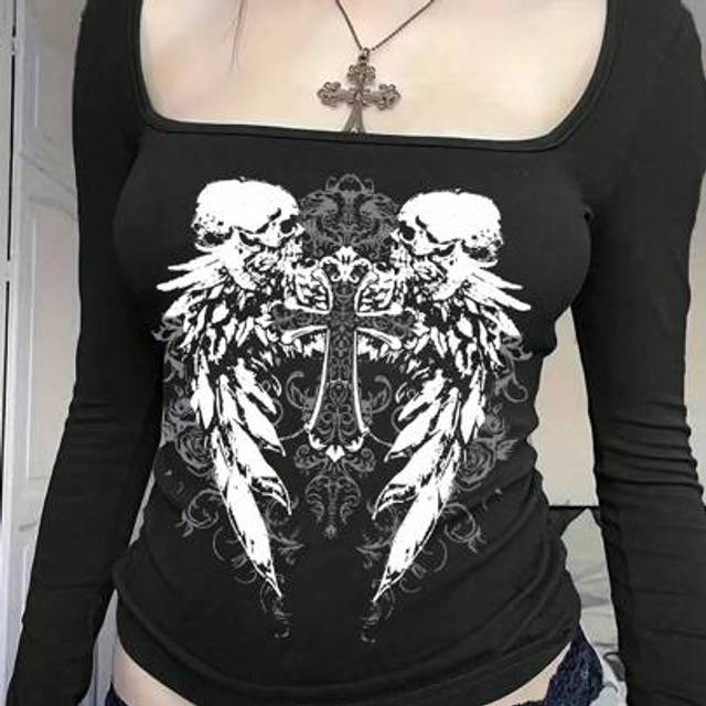 INAWLY Round Neck Gothic Style Long Sleeve T-Shirt Graphic Tees Women Tops For Spring Outfit