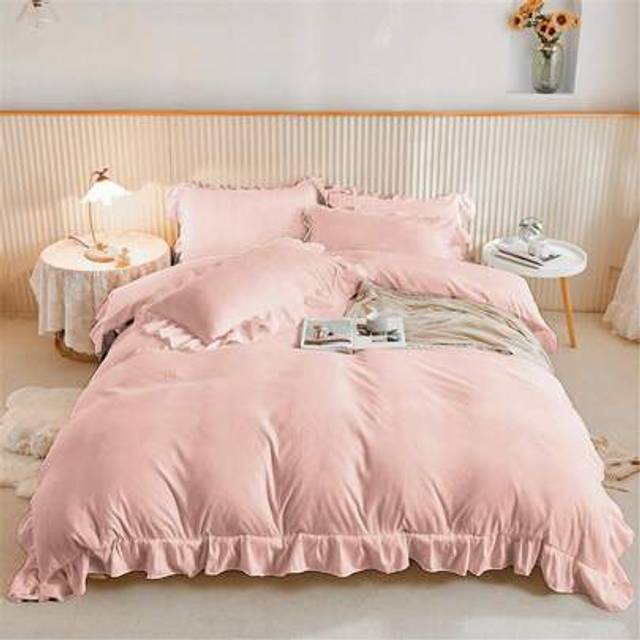 SHEIN 3 Pieces Pink Ruffle Bedding Set With 2 Pillowcase Frills Duvet Cover With Zipper Closure Soft Microfiber Duvet Cover Set Single Double King Size