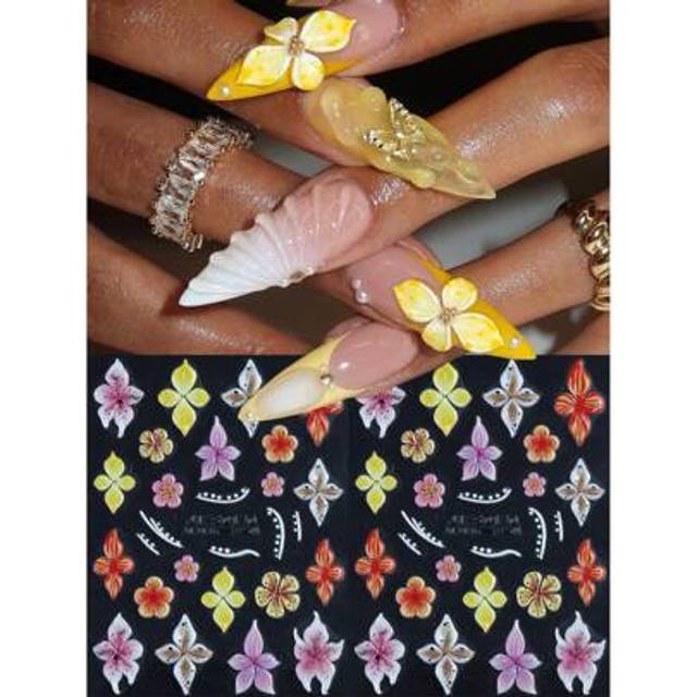 SHEIN 2pcs 5D Hibiscus Flower Embossed Nail Stickers Colorful Flower Nail Decals Y2K Ink Dot Hawaiian Petals Spring Summer Design Floral Sliders Self-Adhesi