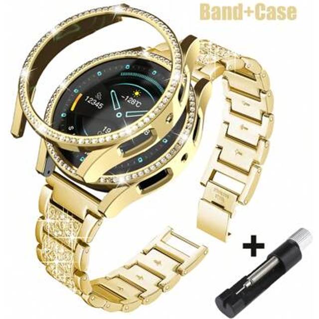 SHEIN Women&#39;s Metal Diamond Strap + PC Shiny Diamond Hollow Shock-Absorbing And Drop-Proof Protective Case Compatible With Samsung Galaxy Watch 4 5 6 7 Seri