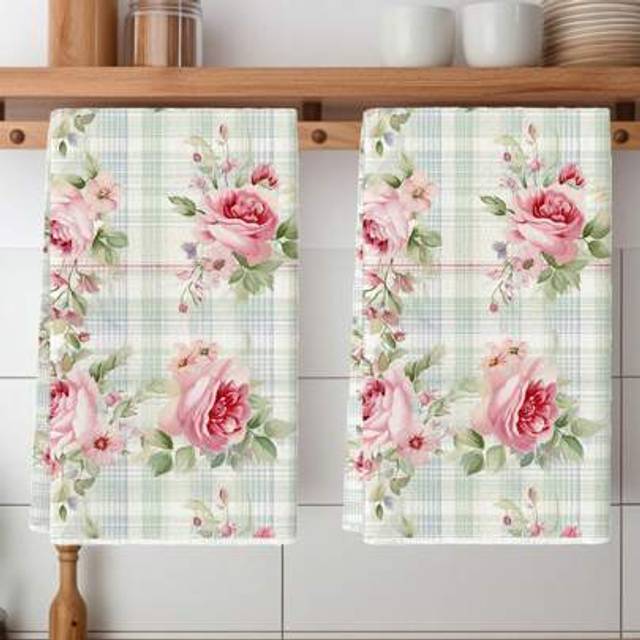 SHEIN 2Pcs Flower And Bird Kitchen Towels Watercolor Plaid Rose Flower Sunflower Bird Butterfly Pattern Farmhouse Napkins Kitchen Dishwashing Hand Tea Towel