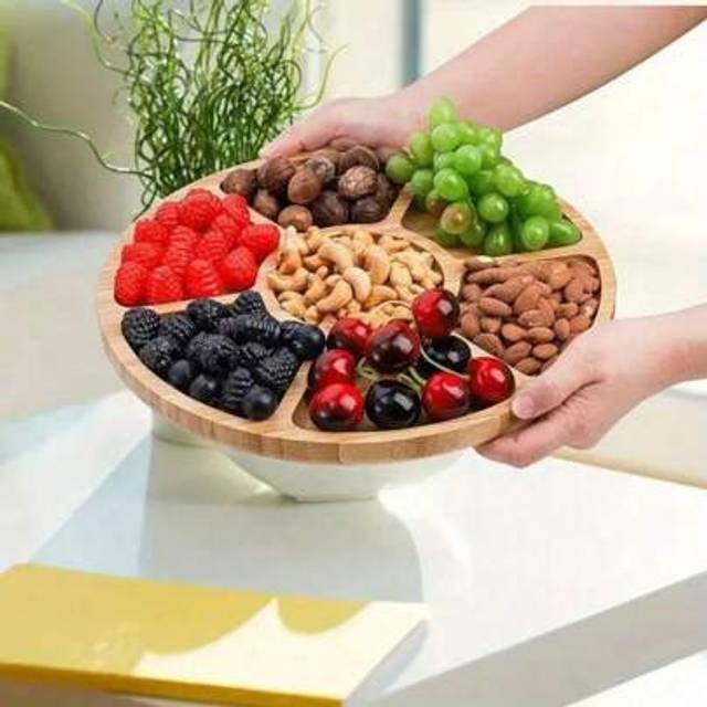 SHEIN 1 Wooden Tray With Compartments - Round Cooked Food Platter For Meat, Cheese, Nuts And Fruits - Multi-Functional Snack Tray For Appetizers, Desserts A