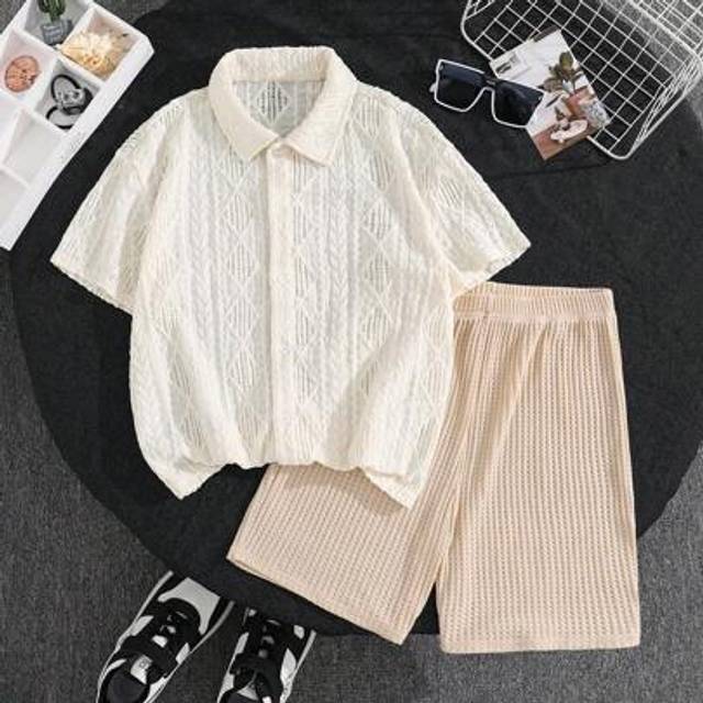 SHEIN 2pcs Kids/Tween Boys Casual Vacation Hollow Fabric Lapel Cardigans Shirt And Solid Shorts Outfit Set, Suitable For Commuting, School, Daily Casual, Tr