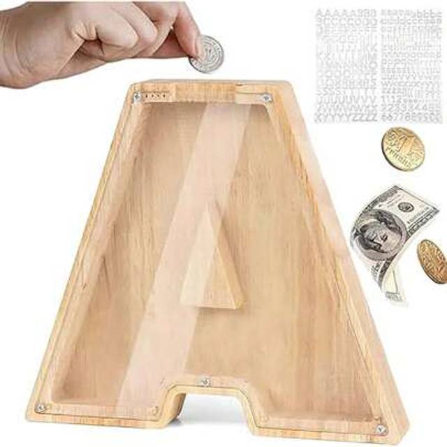 SHEIN Piggy Bank For Kids Personalized A-Z Letter Piggy Bank Wooden Transparent Letter Money Box Decoration Creative Money Jar Gifts For Birthday, Christmas