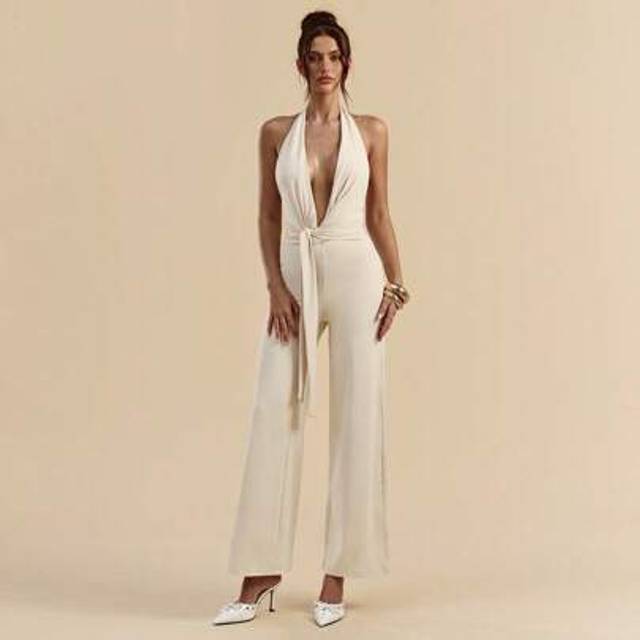 SHEIN Summer Beach Vacation Tight Sexy Deep V Knot Holiday Jumpsuit, Suitable For Daily Dating, Night Out, Nightclubs, Parties, Get-Togethers, Cocktail Part
