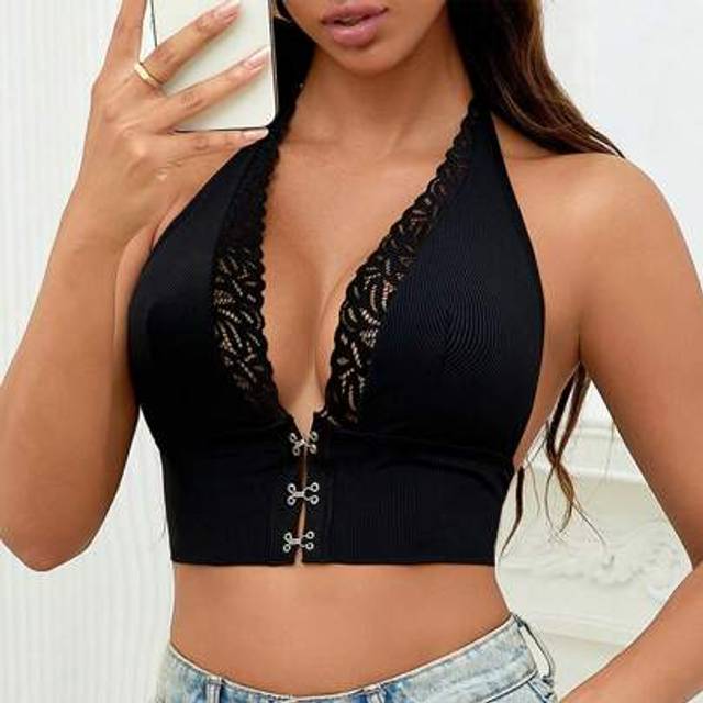 SHEIN Women&#39;s Deep V Romantic Lace Front Closure Lingerie Bra