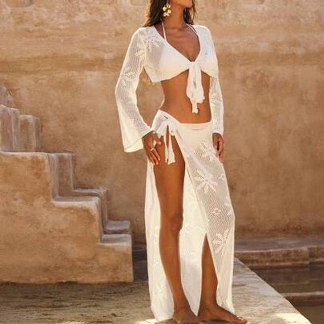 Swim Vcay Women&#39;s White Knitted Hollow Tied Jacquard Vacation Elegant Beach Long Sleeve Cover Up Set