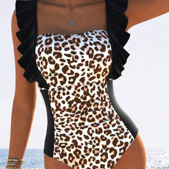 SHEIN 2025 New Elegant Modest Leopard Print Bodycon Women&#39;s One-Piece Swimsuit With Solid Color Ruffle Detail For Summer Beach Parties And Vacation
