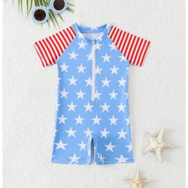 SHEIN Toddler Boys&#39; Star & Stripe Print Cute One-Piece Swimsuit American Flag Clothes Baby Boy Boy Clothes For Baby Baby Boys Rompers Retro Baby Boy Clothes