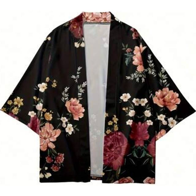 SHEIN Vintage Floral Print Loose Kimono Cover Up, 3/4 Sleeve, Chinese Style, Lightweight Breathable Fabric, Casual Beach Cover-Up, Summer Fashion Outerwear