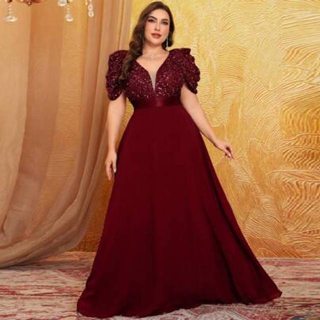 SHEIN Plus Size Women Deep V-Neck Puff Sleeve Flared Hem Tied Waist Sequin Panel Elegant High-End Formal Dress, Party Dress, Wedding Guest Dress, Prom Dress