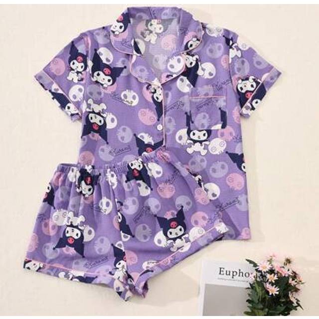 SHEIN Sanrio Authorized 2Pcs/Set Women&#39;s Hello Kitty Printed V-Neck Button Short Sleeve Single-Breasted Top And Bow Pants Pajama Set,Summer Pajama Set, Comf