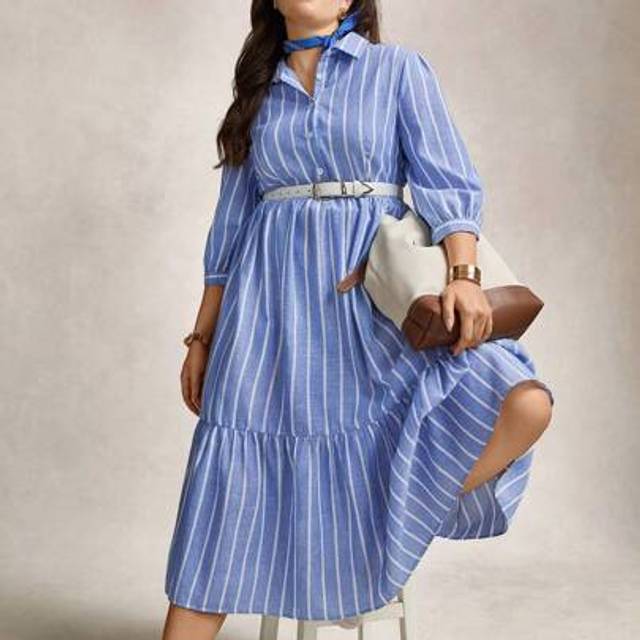 Zelara Plus Size Women Blue & White Stripe Long Shirt Dress, Casual Button Down Collar Navycore Outfits Navycore For Women Nautical Casual For Women Coastal