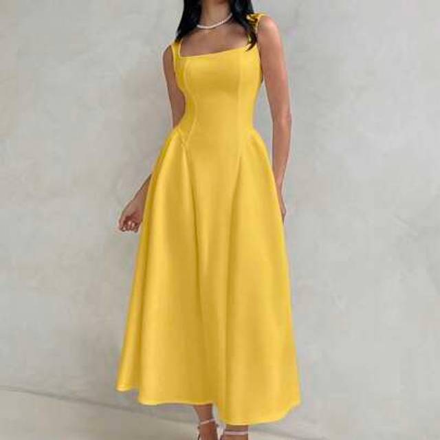 Aloruh Women&#39;s Long A-Line Puff Sleeves Square Neck Sexy Elegant Waist Ruched Floral Dress