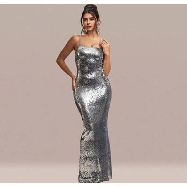 SHEIN Women&#39;s Sleeveless Dazzling Sliver Sequin Maxi Dresses Fashion Party Homecoming Birthday Outfits, Prom Dress