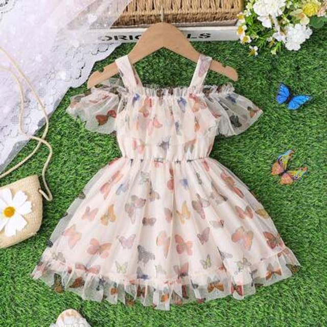 SHEIN Summer Baby Girls Lovely Color Butterfly Print Mesh Hem Sleeveless Double Layer Mesh Dress, Fashion Cute Outdoor