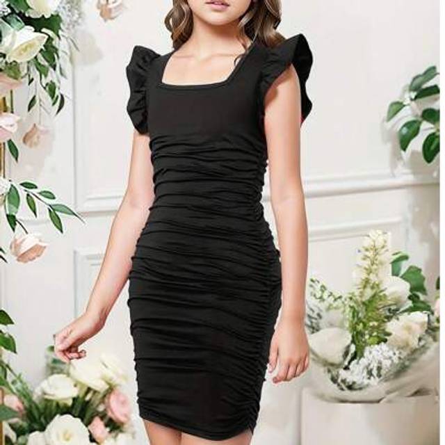 SHEIN Charming Ruched Square Neck Snug Fit Dress For Girls, Spring/Summer Party Casual Dresses Gift
