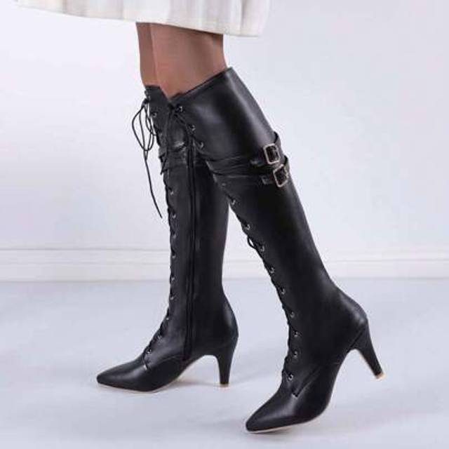 SHEIN Women&#39;s Autumn/Winter New Breathable Hollow Out Thigh High Roman Boots Pointed Toe Fashion Super High Heel Boots Lace Up Extra Large Size 47 Christmas