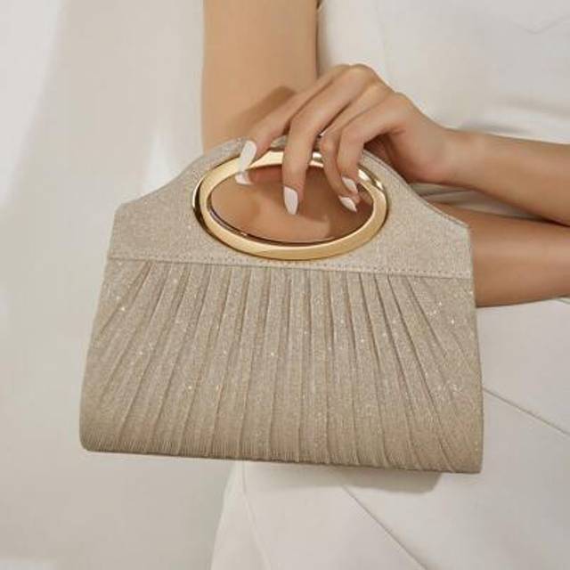 SHEIN Elegant Women&#39;s Evening Clutch With Gold Circular Handle And Detachable Shoulder Strap - Lightweight Polyester, Magnetic Closure