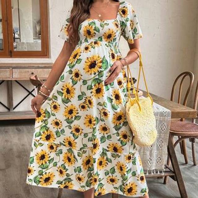 SHEIN Sunflower Pattern Flare Hem Square Neck Short Sleeve Dress Maternity Dress