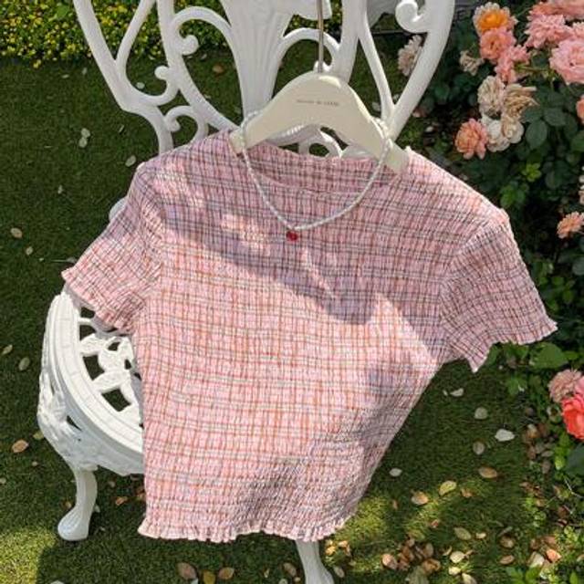 Comfortcana New Cute Summer Tops   Women&#39;s Plaid Print Round Neck Casual Short Sleeve Blouse, Summer
