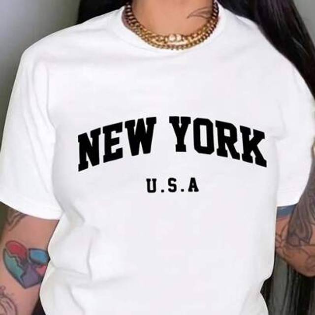SHEIN Letter Print Round Neck Casual Loose Fit Short Sleeve T-Shirt Top, Knitted Fabric, Women
