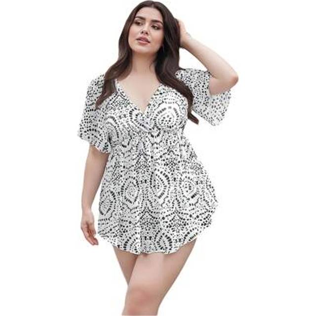 SHEIN Women&#39;s Beach Cover Up Dress Short Sleeve Pattern Print V Neck Plus Size Bikini Cover Up