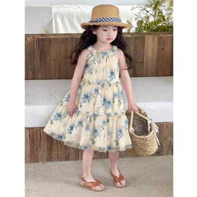SHEIN Young Girls Summer Casual Dress, Chiffon Embroidered Ditsy Floral Sleeveless Keyhole Dress, With Ditsy Floral Embroidery Fabric, Elegant And Cute