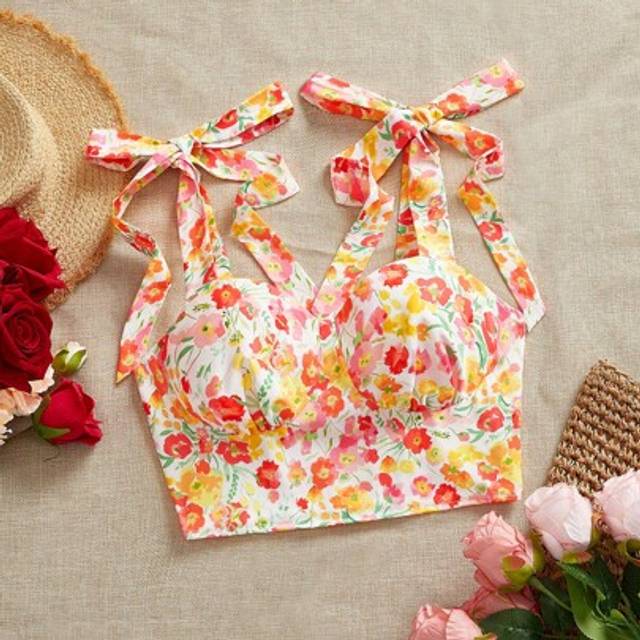 SHEIN Woven Printed Tie-Up Cropped Fitted Women&#39;s Tank Top Spring Outfits For Women Streetwear For Women Casual Outfit Vacation