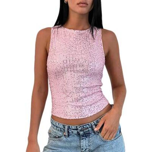 SHEIN Women&#39;s Shine Sequin Tank Tops Sleeveless Crew Neck Glitter Slim Fit Vest For Club