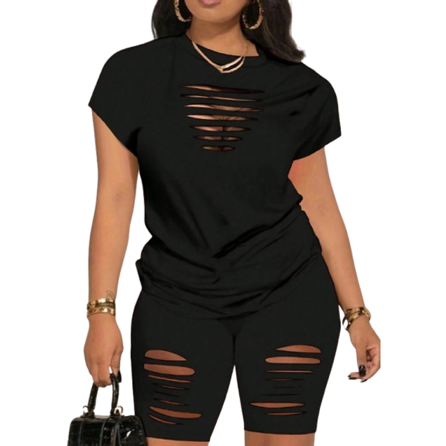 SHEIN Women Round Neck Solid Color Hollow Out Casual Short Sleeve Top And Legging Set