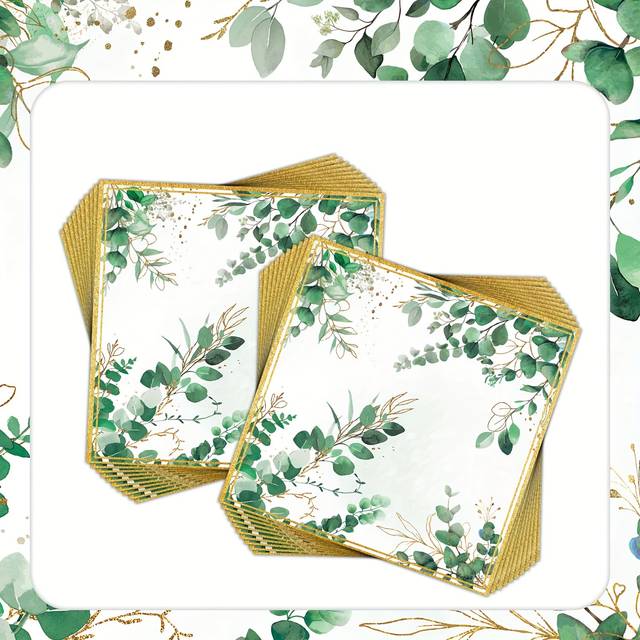 TEMU Eucalyptus Leaf Pattern Paper Napkins - 3-ply Disposable Decorative Napkins For Weddings, Bridal Showers, Birthday Parties - Greenery Themed Single Sheet, Multi-fold Paper Napkins