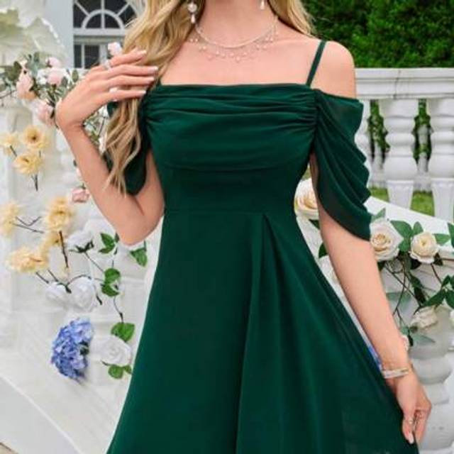 SHEIN Chiffon Minimalist Sexy Off Shoulder Ruched Form-Fitting Cocktail Wedding Dress,Bridesmaid Dress