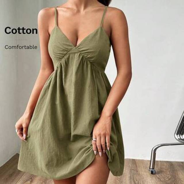 SHEIN Army Green Women&#39;s Woven Pleated Casual Slip Dress