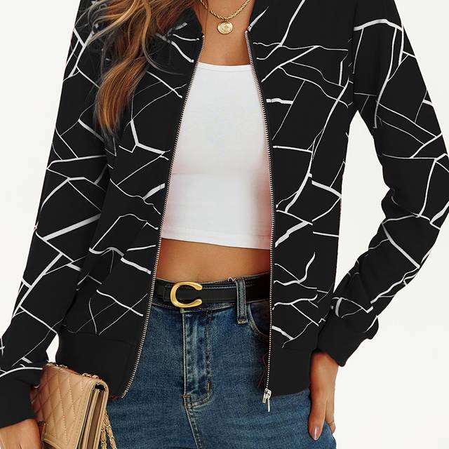TEMU Women's Fashion Geometric Print Long Sleeve Jacket, Elegant Polyester Knit Casual Pullover With Zipper, Spring/summer/autumn Outerwear