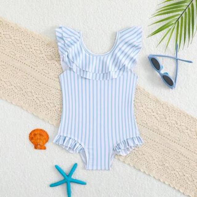 SHEIN Baby Girls Beachwear Swimsuit, Simple Blue & White Striped Pattern, Knit Fabric, Double-Layer Ruffle Neckline & Leg, One-Piece, Elegant & Fashionable,