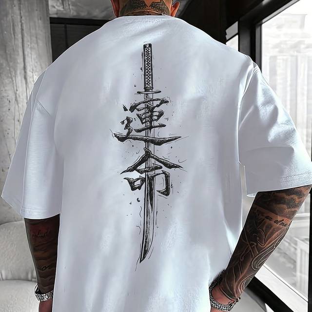 TEMU Men's Casual Short Sleeve T-shirt With Japanese Print - Black Polyester, Loose Fit, Round Neck, Summer Outdoor Tee, Everyday Tshirt | Round Neck Shirt | Durable Fabric