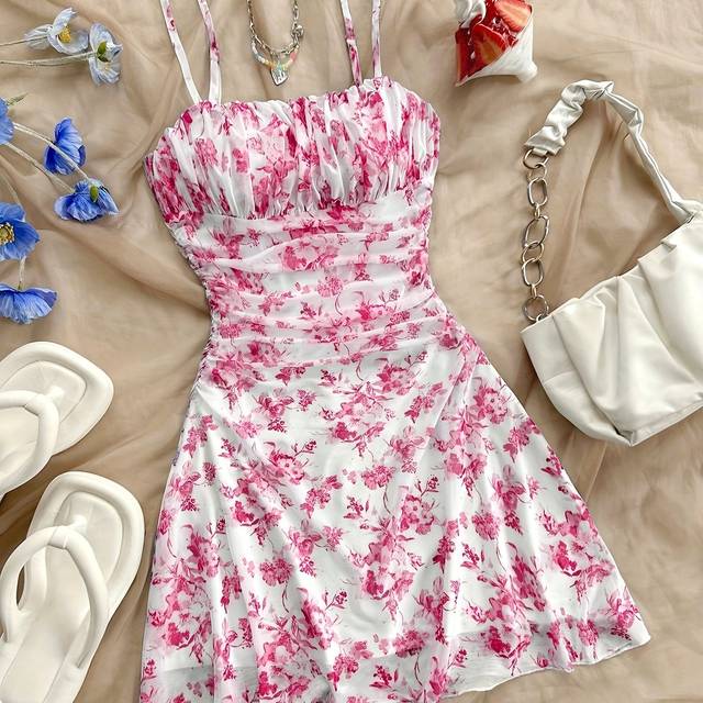 TEMU Women's Floral Print Sleeveless Dress - A-line, Ruched Waist, Backless Design For Spring/summer, Vacation And Casual Attire, Floral Print Dres