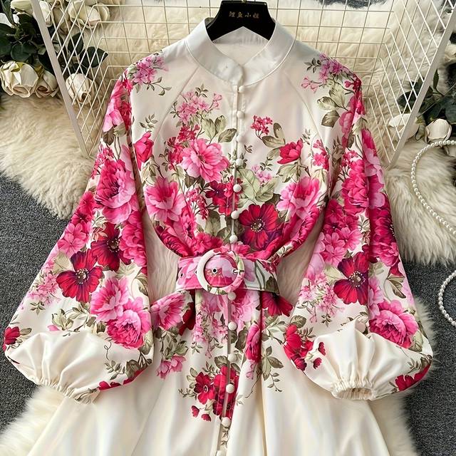 TEMU Elegant Floral Print Maxi Dress With Belt - Long Sleeve, Crew Neck, White With Pink & Red Flowers, , Women&;s Fashion, Floral Dress