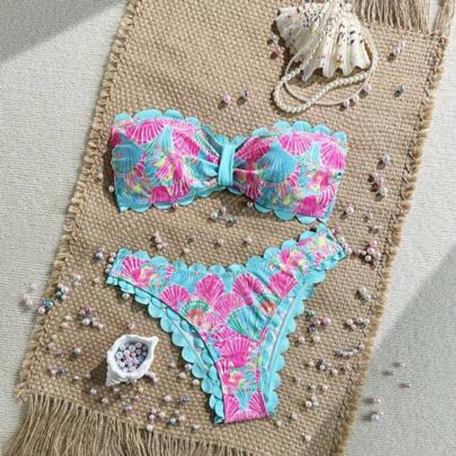 Swim Vcay 2025 New Women 2pcs/Set Random Allover Print Ruffle Bandeau Bra & Swim Bottom Beach Vacation Sexy Bikini Set