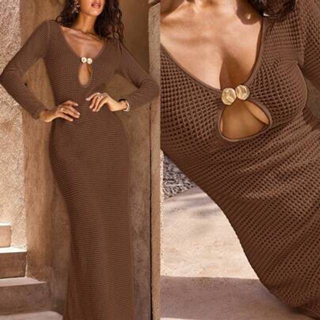 Opulessa Fall And Winter Christmas Wedding Cocktail Party Formal Gown 1pc Women&#39;s Solid Color Knit V-Neck Long Sleeve Fishtail Dress, For Vacation,Bohemia
