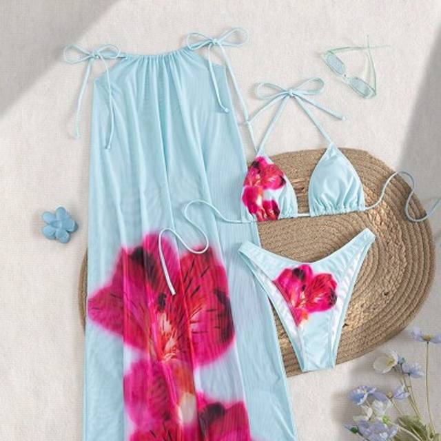 SHEIN 3pcs/Set Women Summer Floral Print Halter Bohemian Beach Holiday Bikini Swimsuit And Sarong Skirt