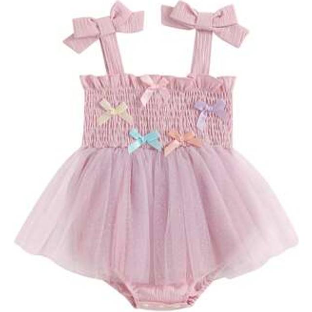 SHEIN Baby Girl Romper Dress Bows Ruffled Trim Smocked Sleeveless Infant Tutu Mesh Dress For Summer