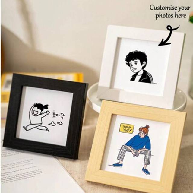 SHEIN 1pc 4 Inch Mini Square Wooden Frame, Creative Cartoon Photo Frame, Tabletop Decor Frame, Gift For Wedding Anniversary, Family Photo Display Gifts Birt