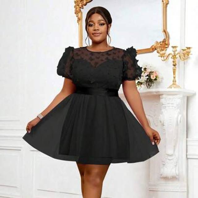 SHEIN Plus Size Women 3D Butterfly Mesh A-Line Short Sleeve Party Dress, For Cocktail